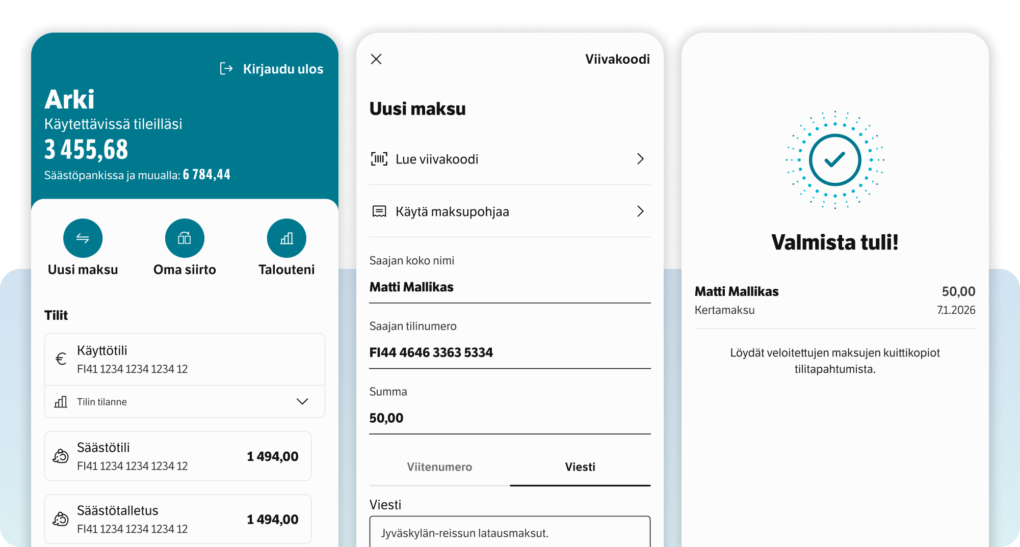 Mobiilipankkisovelluksen näkymiä uuden maksun tekemisestä ja maksun onnistumisesta.