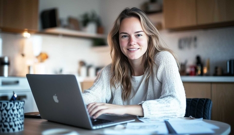 En kvinna sitter framför en laptop.