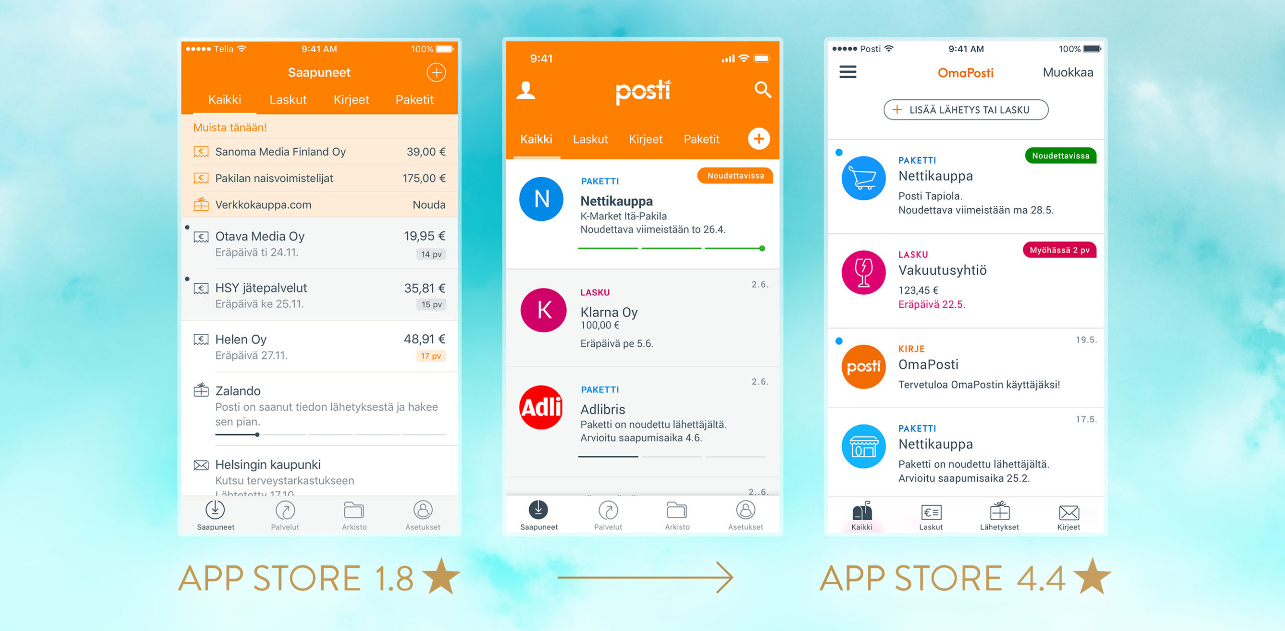 OmaPosti design evolution - After redesign App Store rating increased from 1.8 to 4.4.