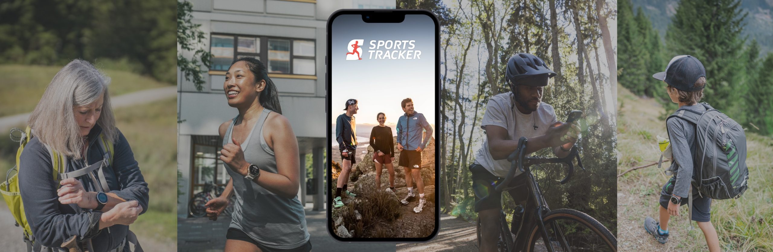 Picture of people doing sports and a mockup of Sports Tracker mobile app